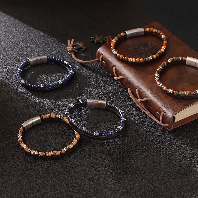 Buddha Stones Lapis Lazuli Tiger Eye Bead Balance Leather Bracelet