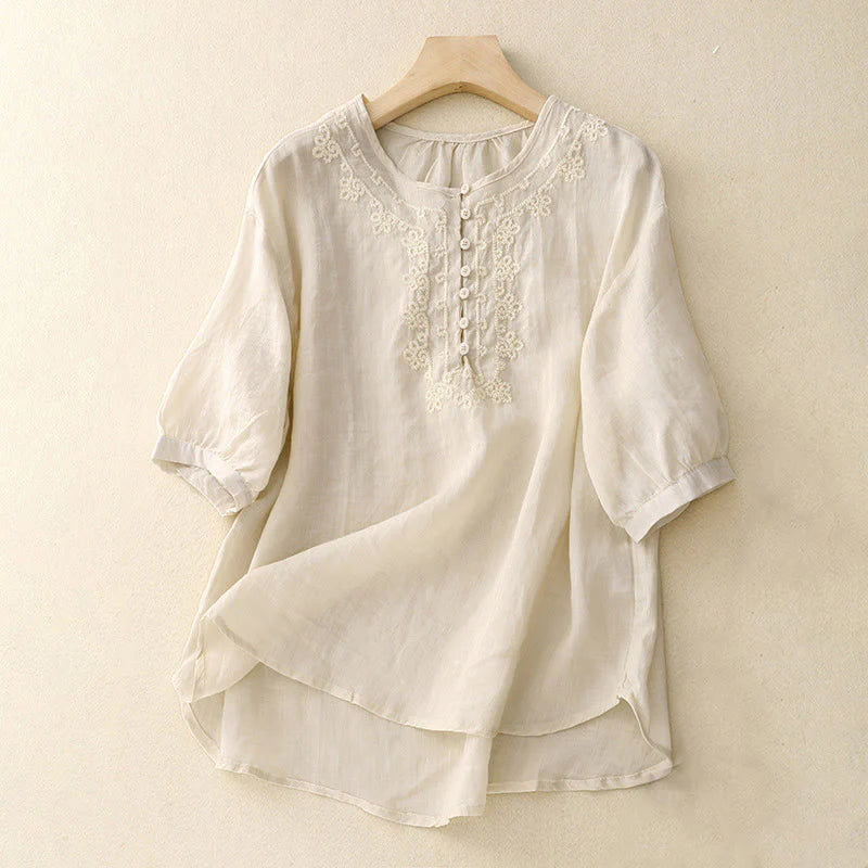 Buddha Stones Line Embroidery Button Crew Neck Half Sleeve Women's Cotton Shirt