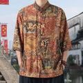 Buddha Stones Dragon Auspicious Clouds Green Mountains Chinese Frog-Button Men's Half Sleeve Cotton Linen Shirt