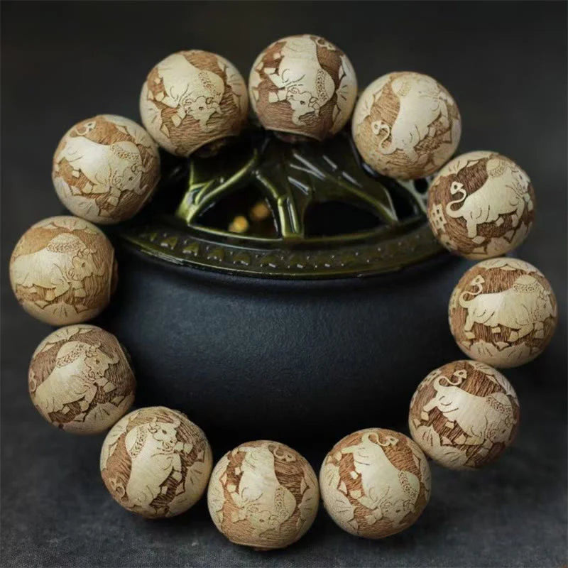 Buddha Stones Camphor Wood Yin Yang Ox Engraved Clarity Bracelet