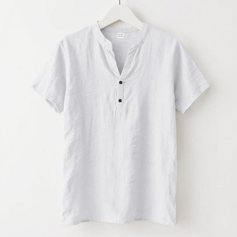 Buddha Stones Solid Summer Short Sleeve Half Buttons Linen Men's Shirt