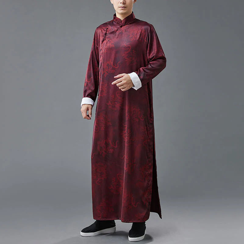 Buddha Stones Vintage Chinese Frog-Button Tang Suit Men's Dragon Cotton Robe