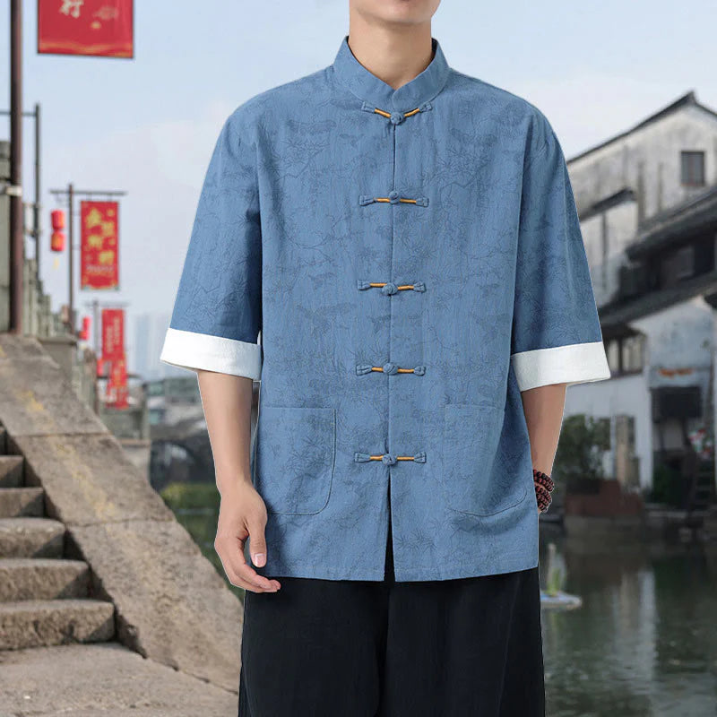 Buddha Stones Summer Crane Pine Tree Pattern Tang Suit Men's Frog-Button Half Sleeve Cotton Shirt With Pockets