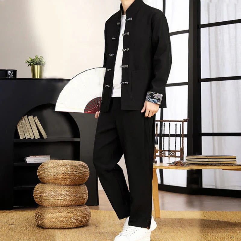 Buddha Stones 2Pcs Tang Suit Frog-Button Men's Waves Long Sleeve Shirt Pants Clothing Set
