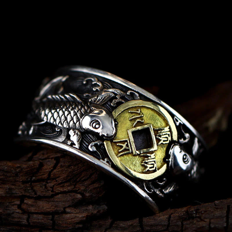 Buddha Stones Adjustable Opening 925 Sterling Silver Lucky Koi Fish Copper Coin Auspicious Clouds Wealth Ring
