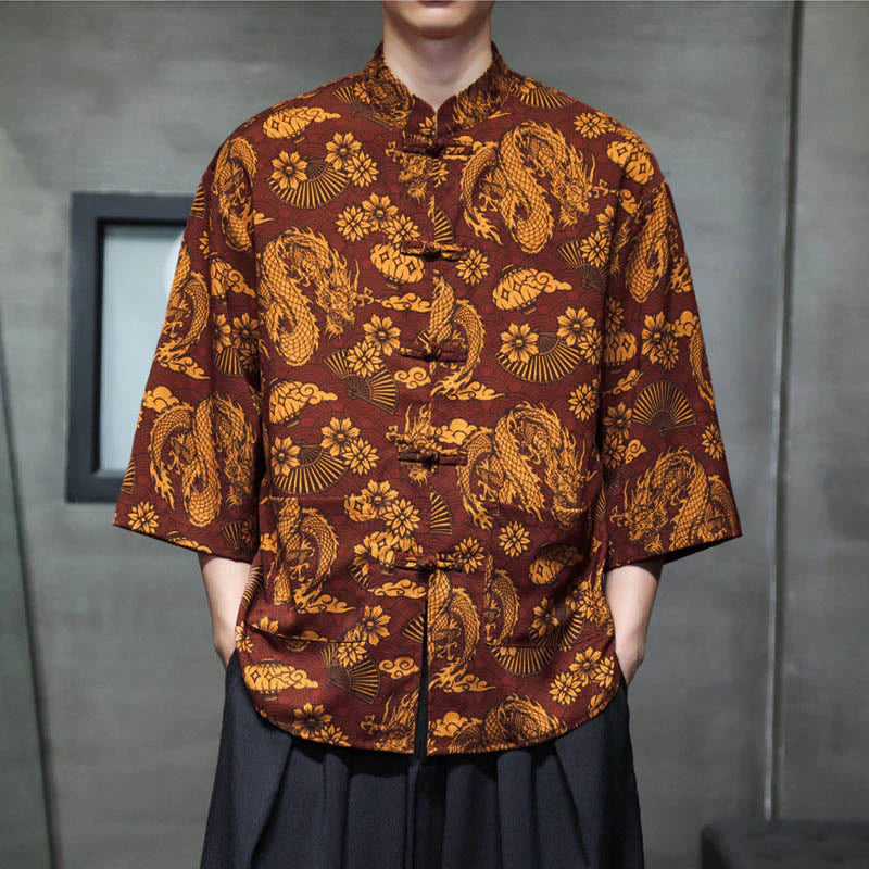 Buddha Stones Spring Frog-Button Dragon Mountain Flower Three Quarter Sleeve Tang Suit Men's Shirt With Pockets