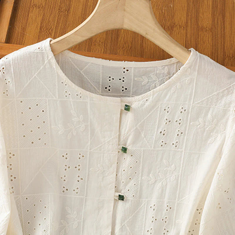 Buddha Stones Casual Embroidery Hollow Cotton Polyester Half Sleeve Women's Crew Neck Shirt