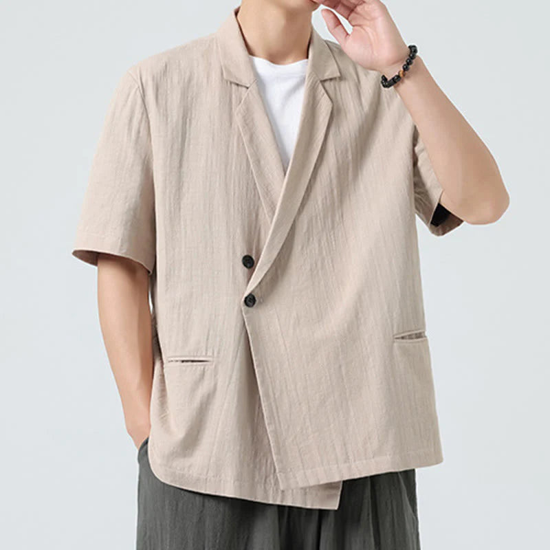 Buddha Stones Spring Plain Asymmetrical Lapel Collar Short Sleeve Men's Cotton Linen Shirt With Pockets
