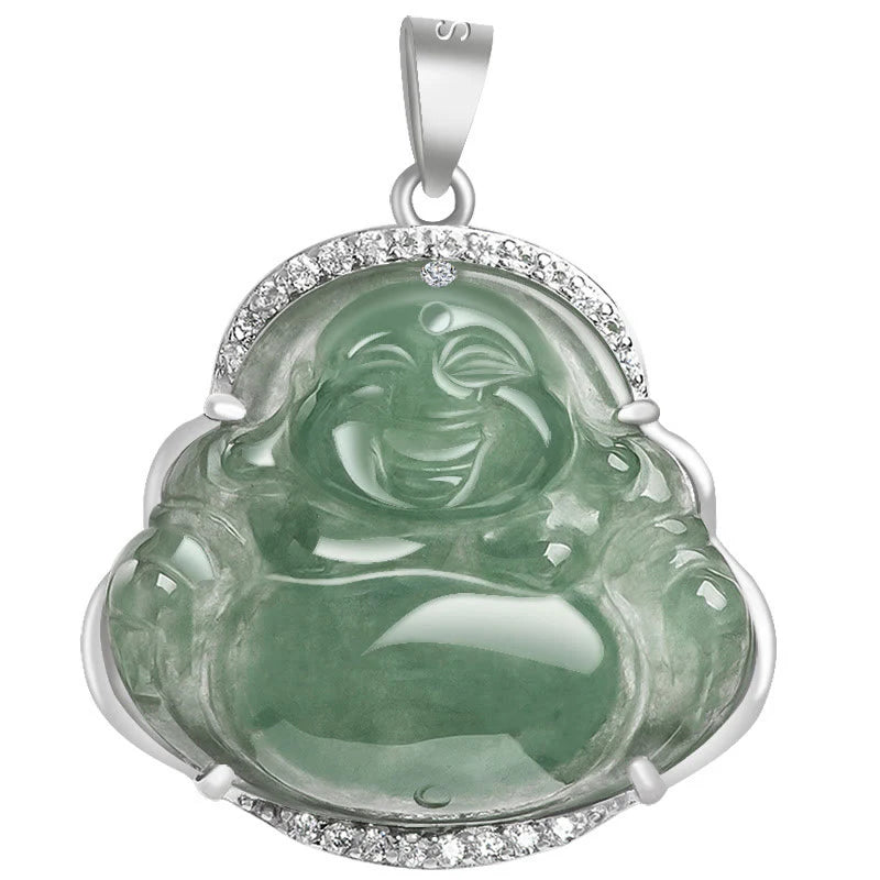 Buddha Stones Laughing Buddha Natural Jade Luck Prosperity Necklace Titanium Steel Chain Pendant