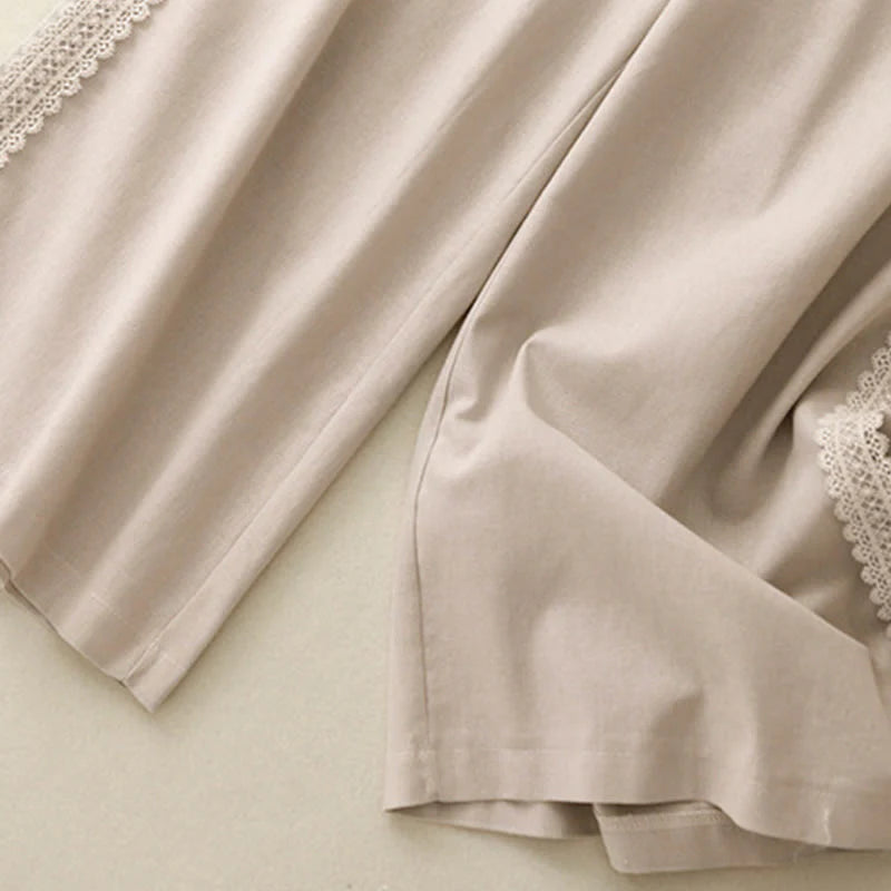 Buddha Stones Plain Color Lace Stitching Cotton Linen Women's Wide Leg Pants With Pockets