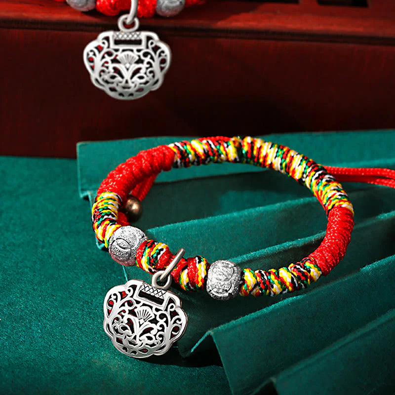 Buddha Stones 925 Sterling Silver Chinese Lock Charm Multicolored Red String Protection Handmade Braided Kids Bracelet (Extra 35% Off | USE CODE: FS35)