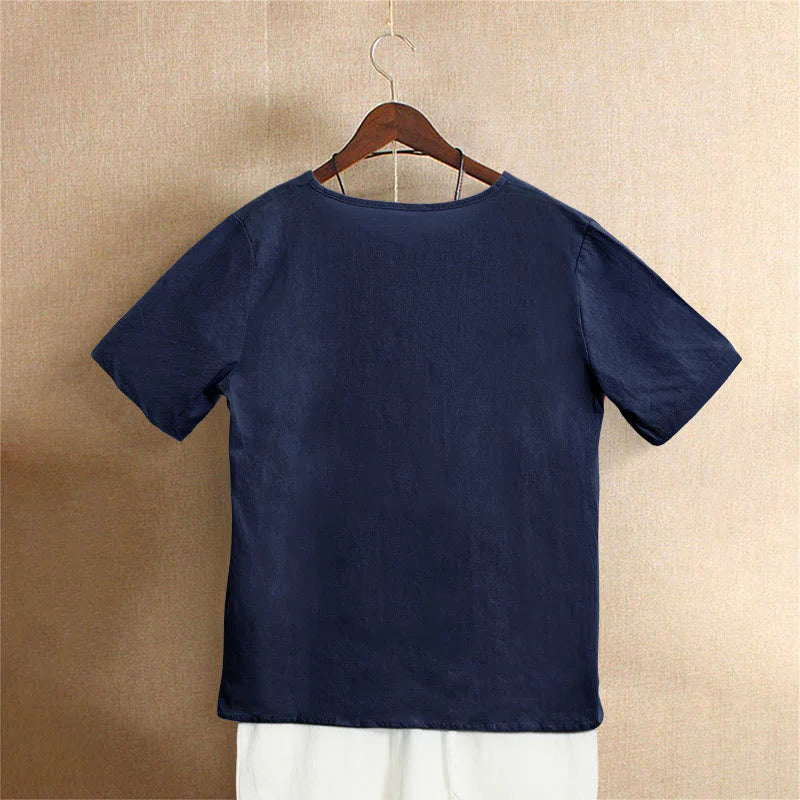 Buddha Stones Casual Summer Pure Color Jacquard Button Crew Neck Cotton Women's Short Sleeve T-Shirt