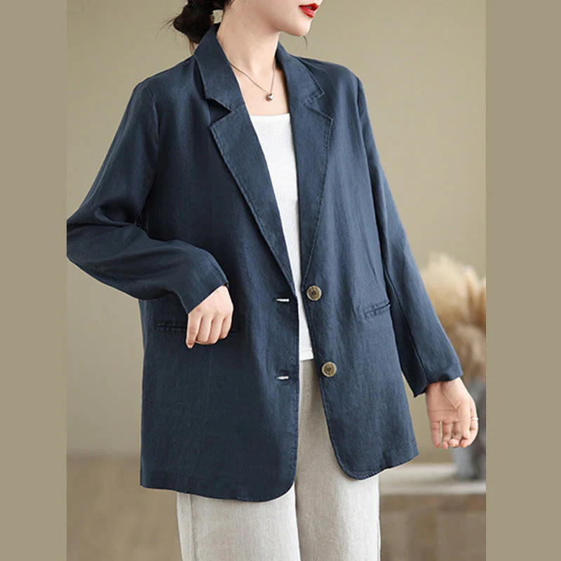 Buddha Stones Spring Solid Color Long Sleeve Cotton Linen Women's Jacket With Pockets