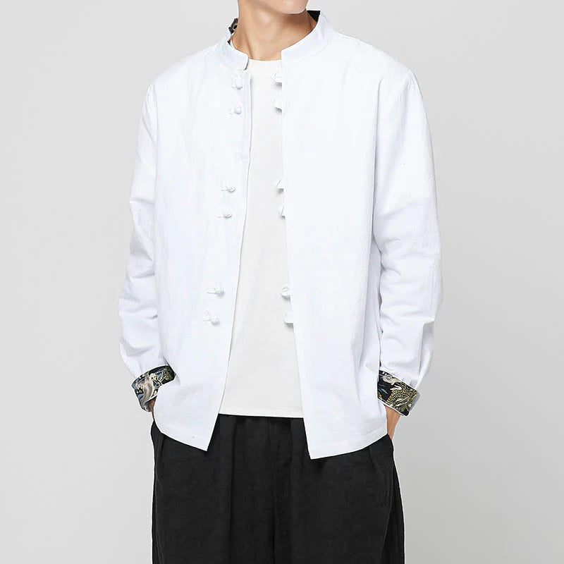 Buddha Stones Men's Frog-Button Dragon Pattern Cuffs Cotton Long Sleeve Shirt