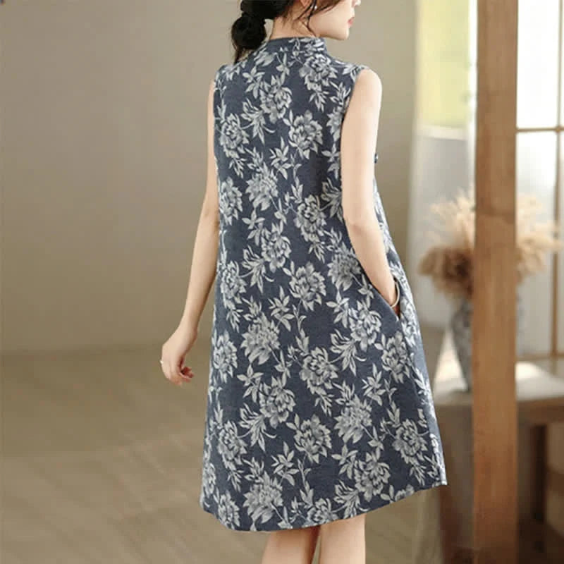 Buddha Stones Frog-button Mandarin Collar Floral Pattern Sleeveless Cotton Mini Dress With Pockets