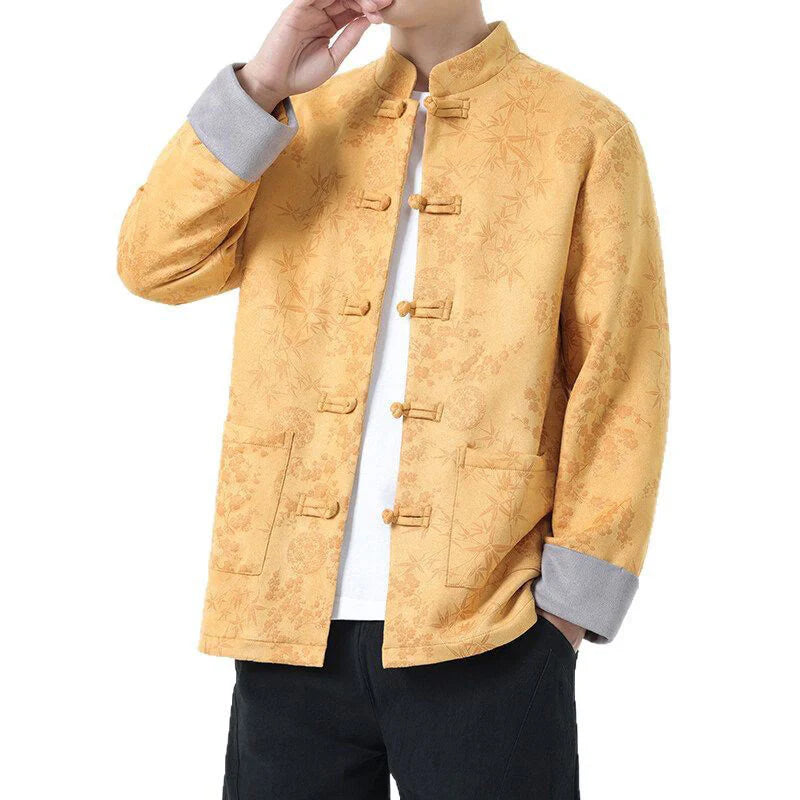 Buddha Stones Fall Jacquard Bamboo Frog-button Long Sleeve Men's Cotton Jacket With Pockets