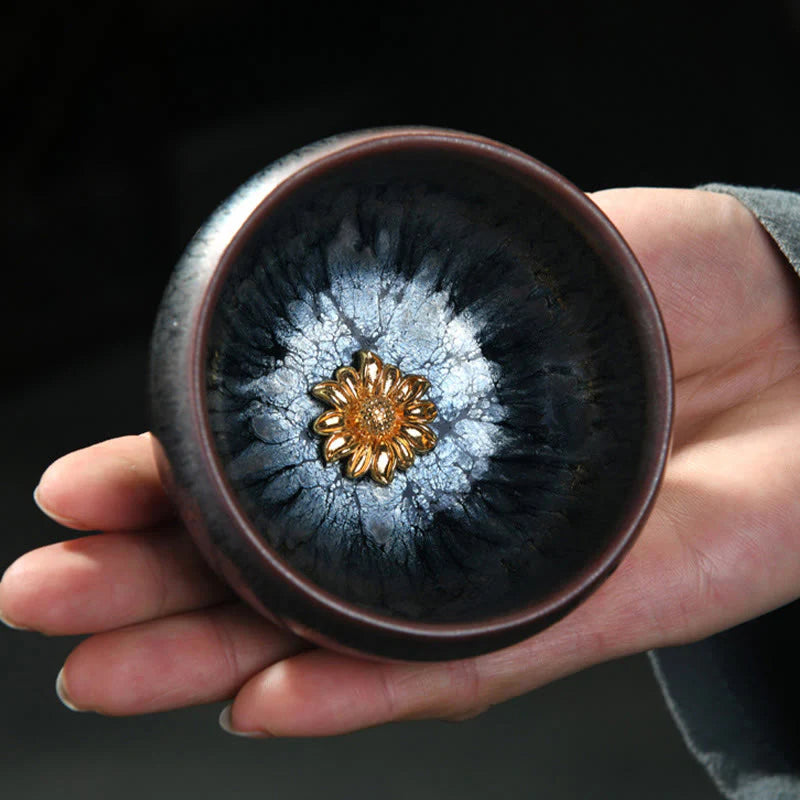 Buddha Stones 24K Gold Inlaid Sunflower Chinese Jianzhan Glaze Kiln Change Ceramic Teacup Tenmoku Kung Fu Tea Cup (Extra 35% Off | USE CODE: FS35)