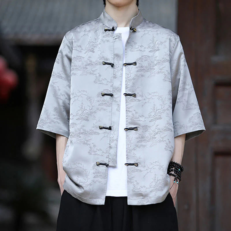 Buddha Stones Summer Pine Tree Mountain Pattern Half Sleeve Frog-Button Design Men's Shirt