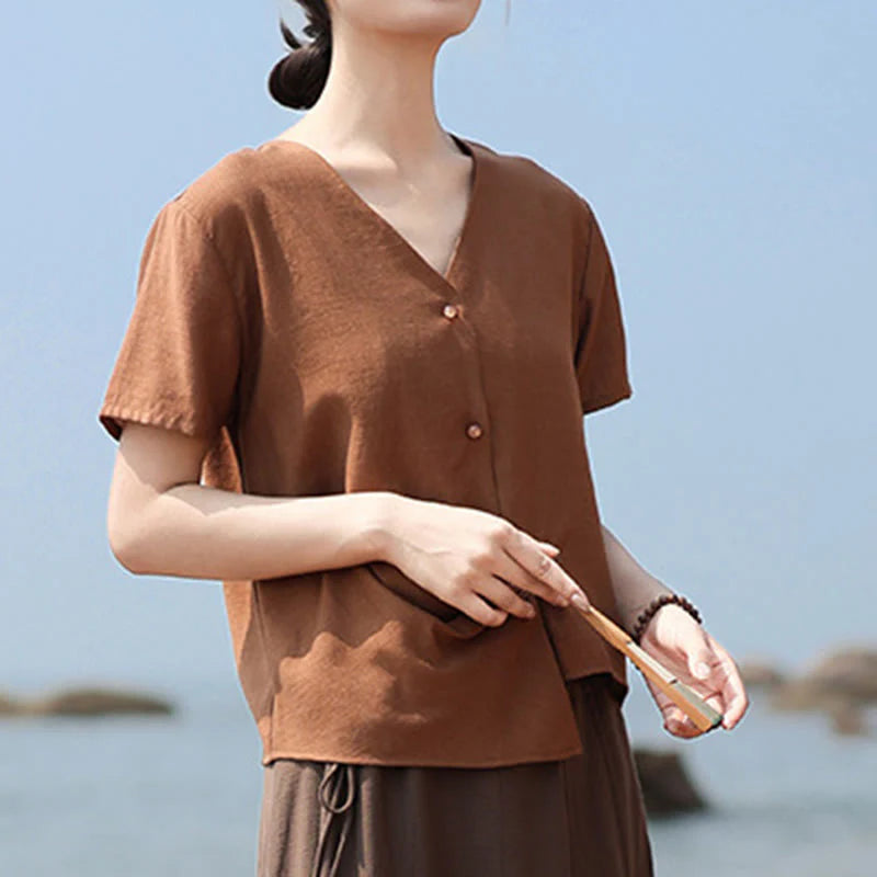 Buddha Stones Button Irregular Design V-Neck Cotton Linen Women's Short Sleeve Shirt