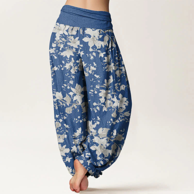 Buddha Stones Cotton Leaves Design Women's Elastic Waist Harem Pants
