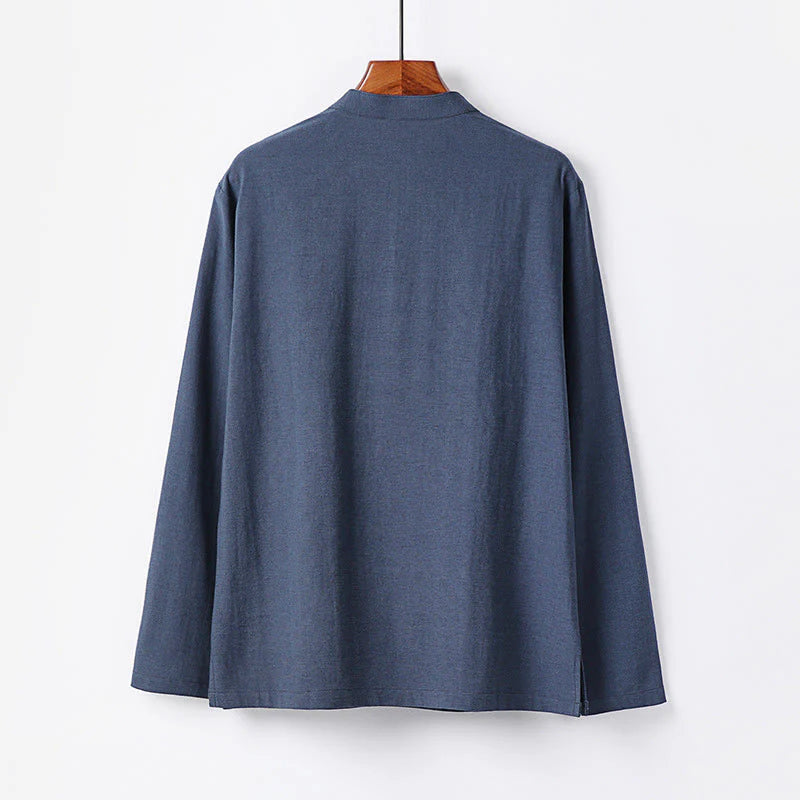 Buddha Stones Simple Solid Color Half Buttons Men's Long Sleeve Cotton Shirt