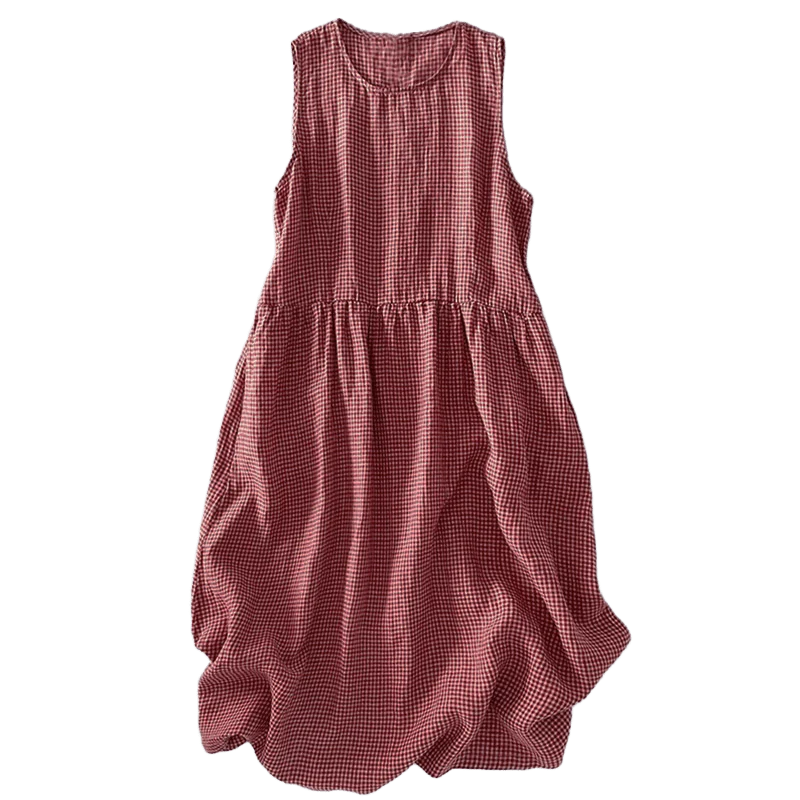 Buddha Stones Casual Plain Handmade Plaid Midi Dress Cotton Sleeveless Dress With Pockets