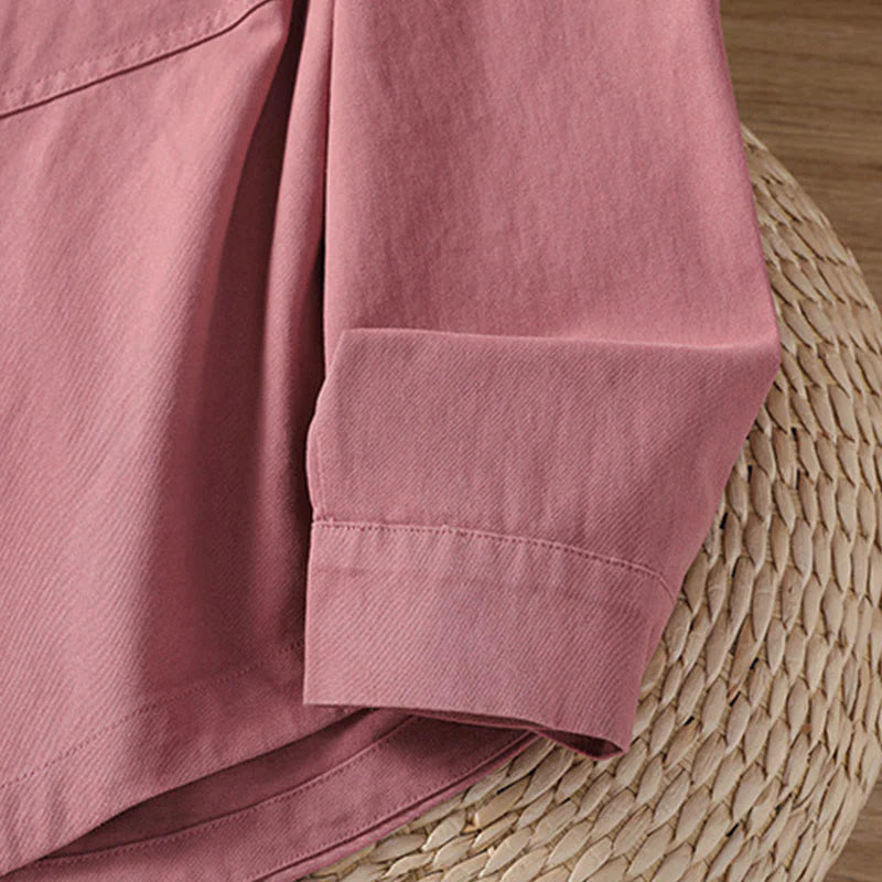Buddha Stones Spring Plain Lapel Long Sleeve Women's Cotton Shirt With Pockets