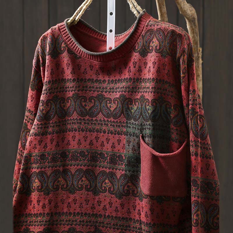Buddha Stones Fall Plant Floral Pattern Crew Neck Long Sleeve Women's Cotton Sweater With Pocket