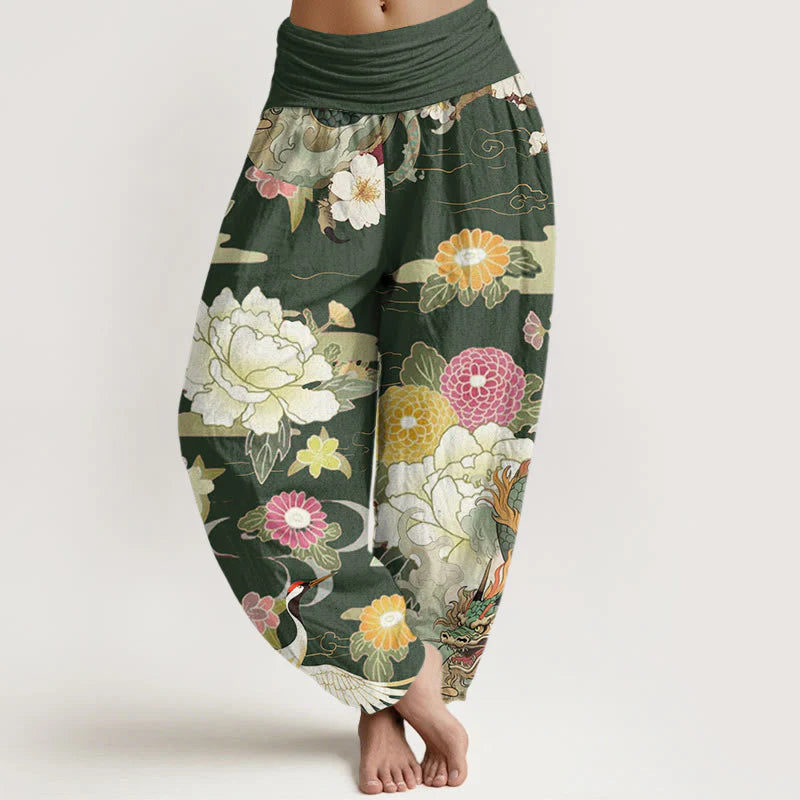 Buddha Stones Cotton Casual Dragon Red-crowned Crane Peony Flower Pattern Women's Elastic Waist Harem Pants