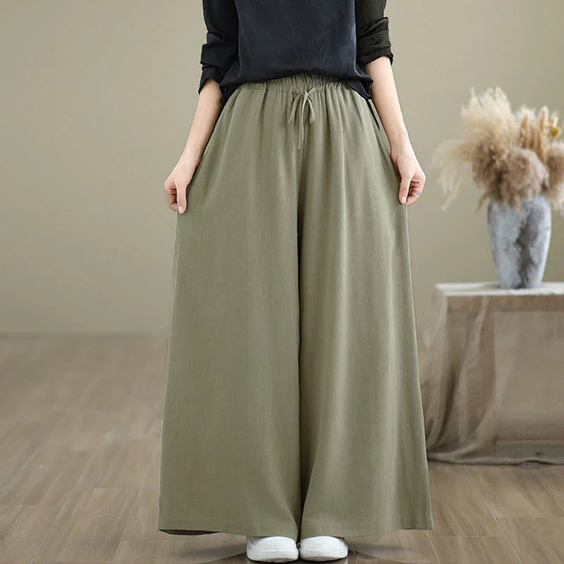 Buddha Stones Women's Pure Color Drawstring Cotton Linen Wide Leg Ankle-Length Pants With Pockets