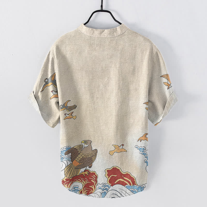Buddha Stones Cotton Ocean Bird Wave Rock Print Men's Short Sleeve Half Button Shirt