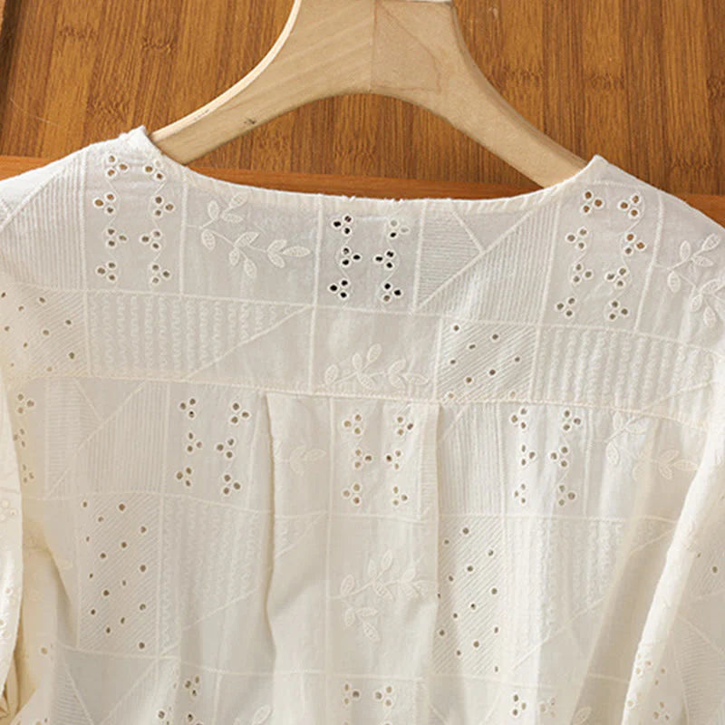 Buddha Stones Casual Embroidery Hollow Cotton Polyester Half Sleeve Women's Crew Neck Shirt