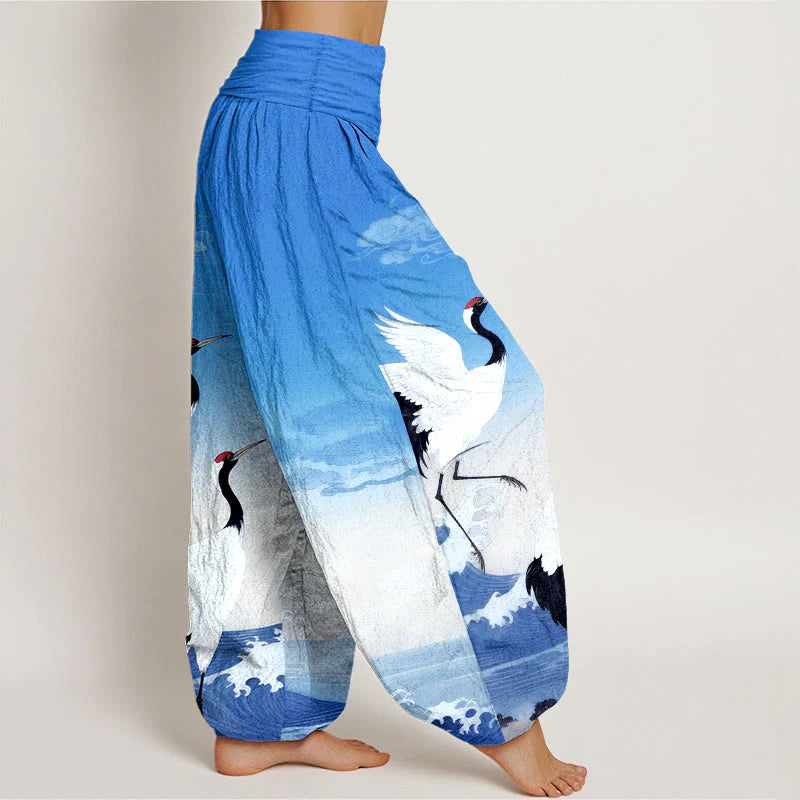 Buddha Stones Pure Cotton Cranes Auspicious Clouds OceanÂ Women's Elastic Waist Harem Pants