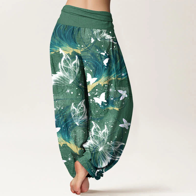 Buddha Stones Pure Cotton Dreamlike Butterfly Line Pattern Women's Elastic Waist Harem Pants