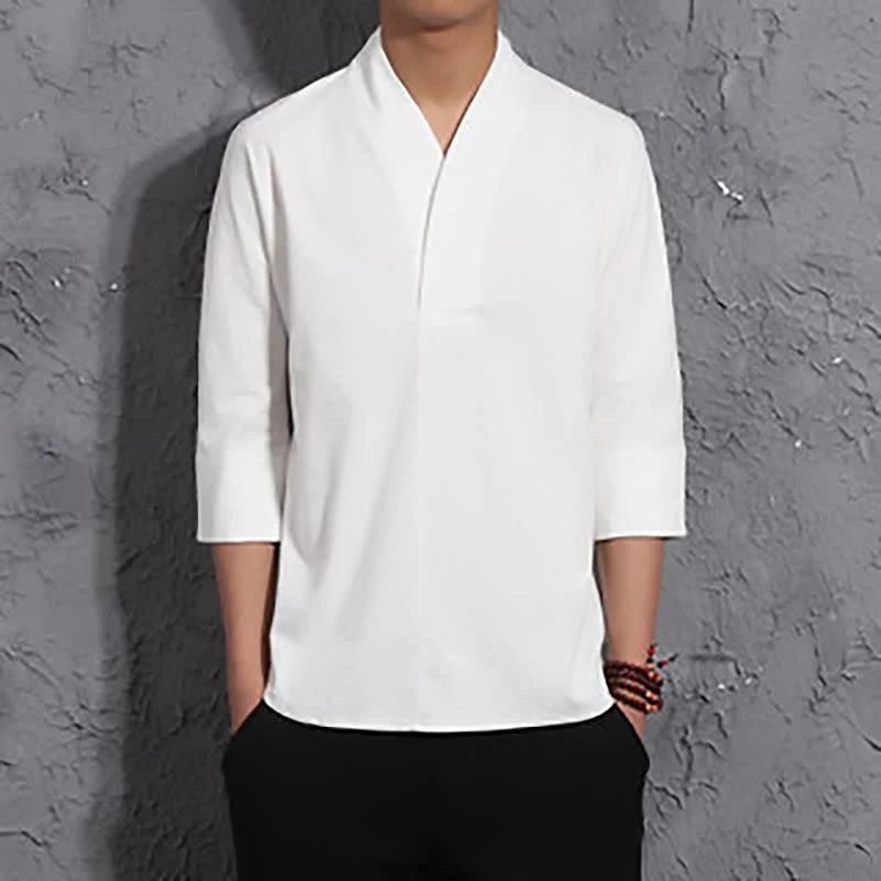 Buddha Stones Casual V-Neck Three Quarter Sleeve Shirt Men Clothing