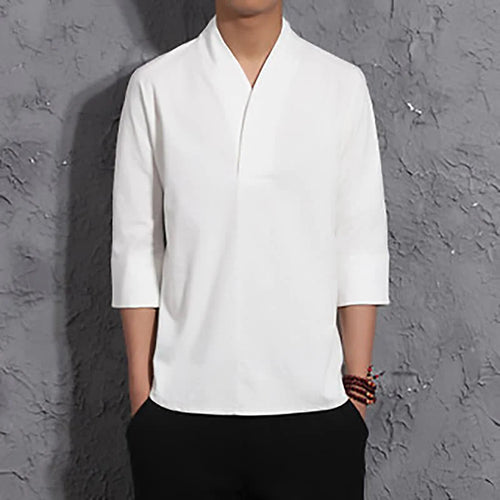 Buddha Stones Casual V-Neck Three Quarter Sleeve Shirt Men Clothing