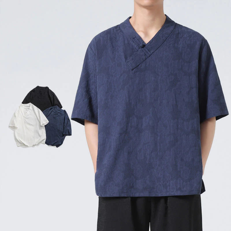 Buddha Stones Ethnic Distressed Jacquard Frog-Button Men's Stand Collar Half Sleeve Cotton Linen Shirt Tai Chi Clothes