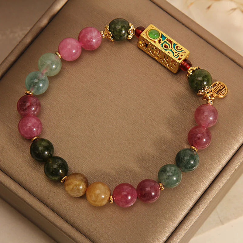 Buddha Stones Colorful Tourmaline Positive Fu Character Charm Bracelet (Extra 35% Off | USE CODE: FS35)