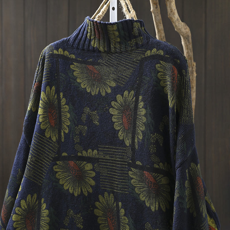 Buddha Stones Sunflower Pattern Mock Neck Long Sleeve Women's Cotton Sweater