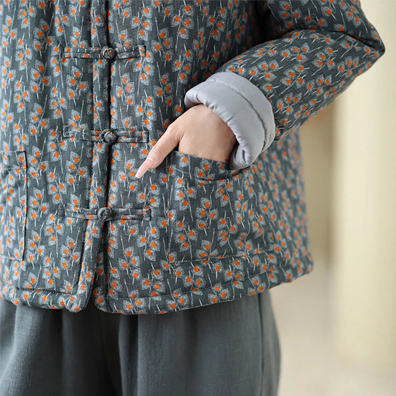 Buddha Stones Winter Frog-button Floral Long Sleeve Women's Thickened Cotton Jacket With Pockets