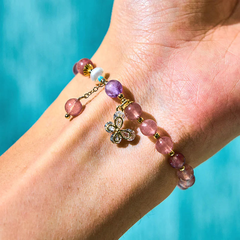 Buddha Stones Natural Strawberry Quartz Green Strawberry Quartz Butterfly Charm Love Bracelet