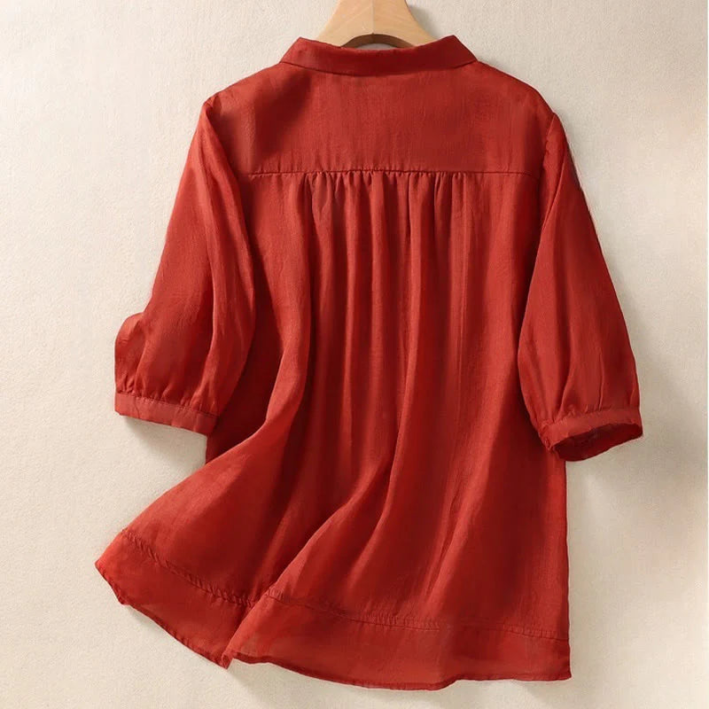 Buddha Stones Summer Plain Button Embroidery Flower Pattern Three Quarter Sleeve Lapel Cotton Linen Women's Shirt