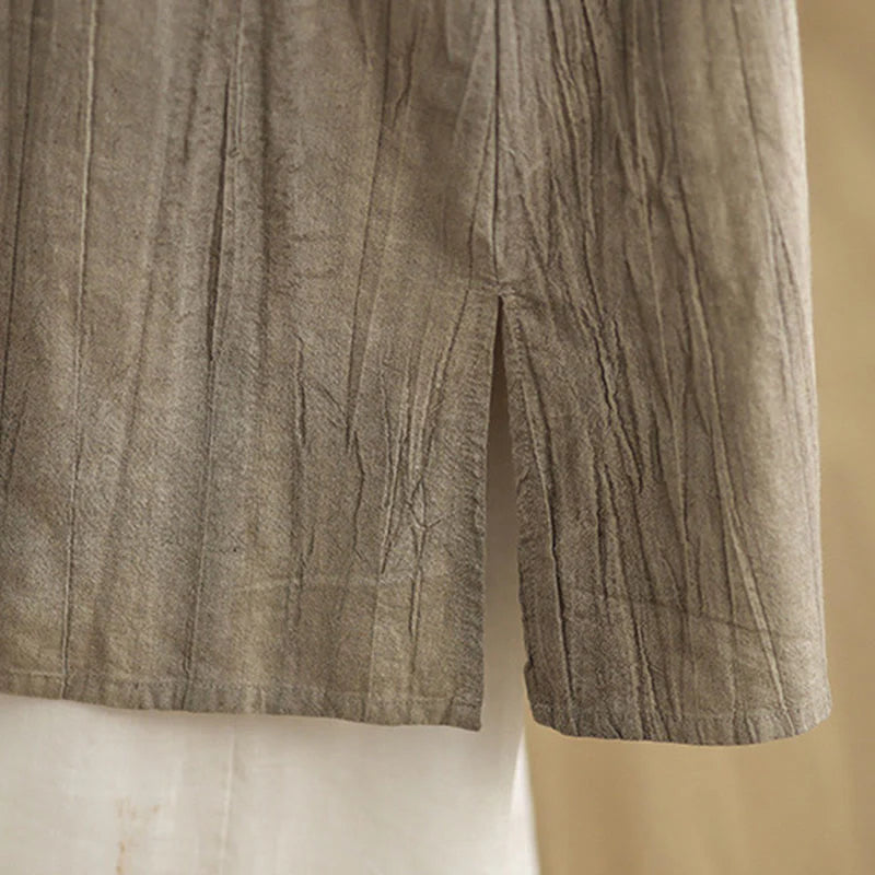 Buddha Stones Tie Dye Chinese Frog-Button RamieÂ Linen Sleeveless Midi Dress With Pockets