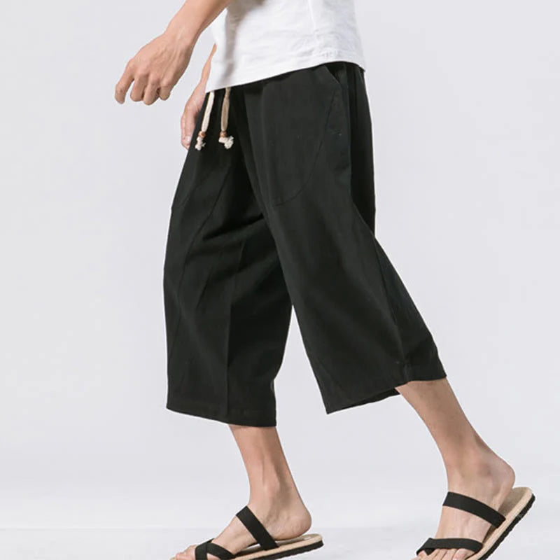 Buddha Stones Summer Casual Simple Plain Design 7-8 Length Men's Drawstring Pants With Pockets