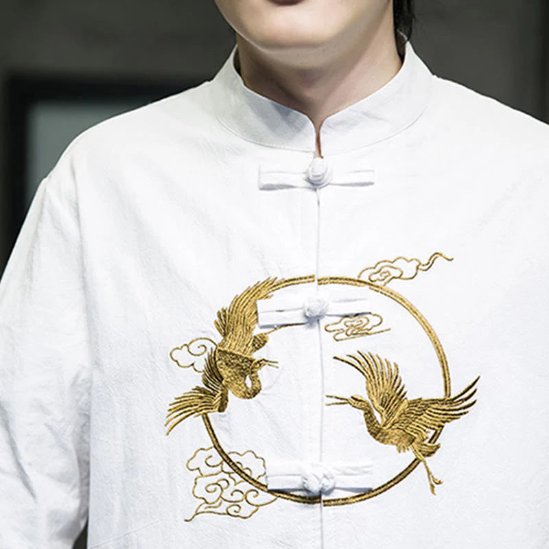 Buddha Stones Embroidery Cranes Pattern Frog-Button Men's Cotton Long Sleeve Jacket With Pockets