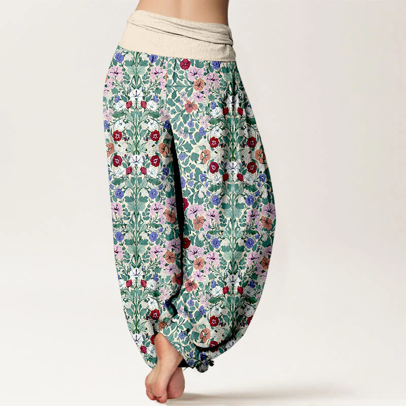 Buddha Stones Cotton Softly Colored Flower Leaf Pattern Women's Elastic Waist Harem Pants