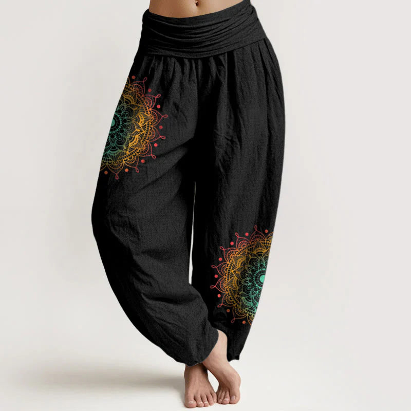 Buddha Stones Pure Cotton Simple Style Mandala Pattern Women's Elastic Waist Harem Pants