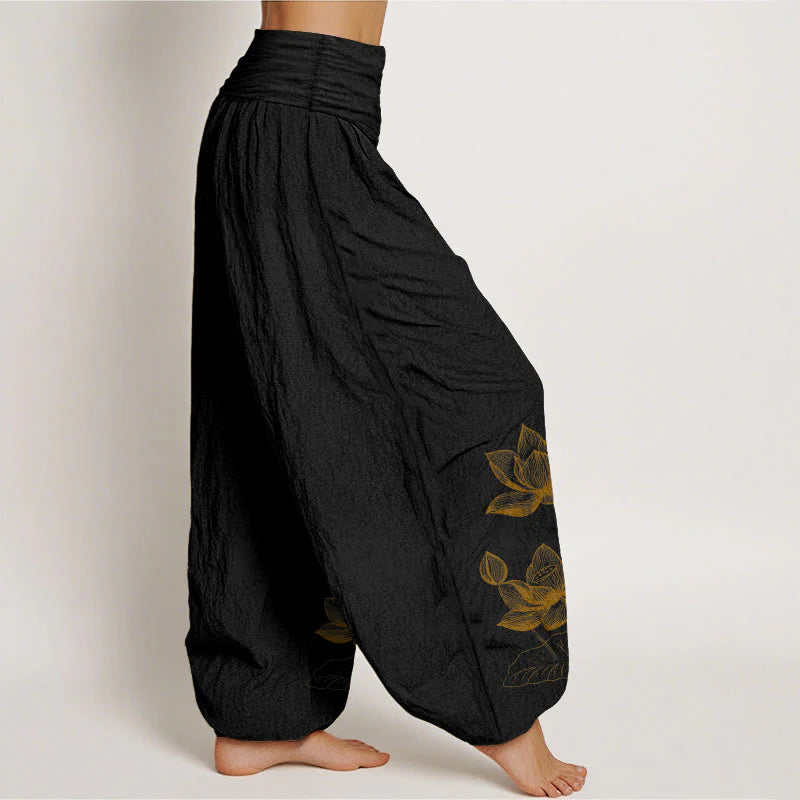 Buddha Stones Pure Cotton Line Drawing Lotus Flower Pattern Women's Elastic Waist Harem Pants