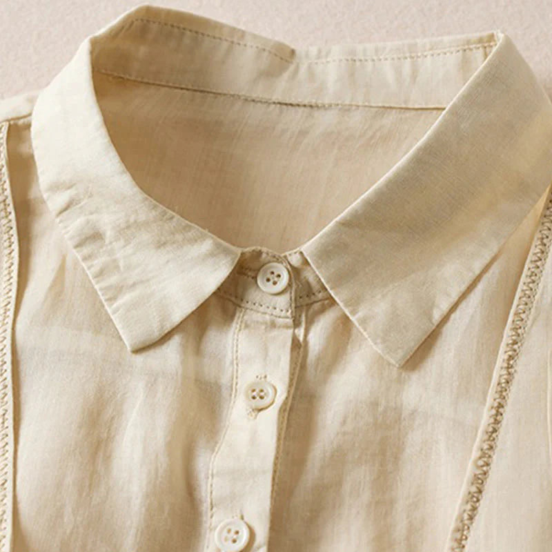 Buddha Stones Retro Plain Fake Two Pieces Button Half Sleeve Design Women's Cotton Linen Shirt