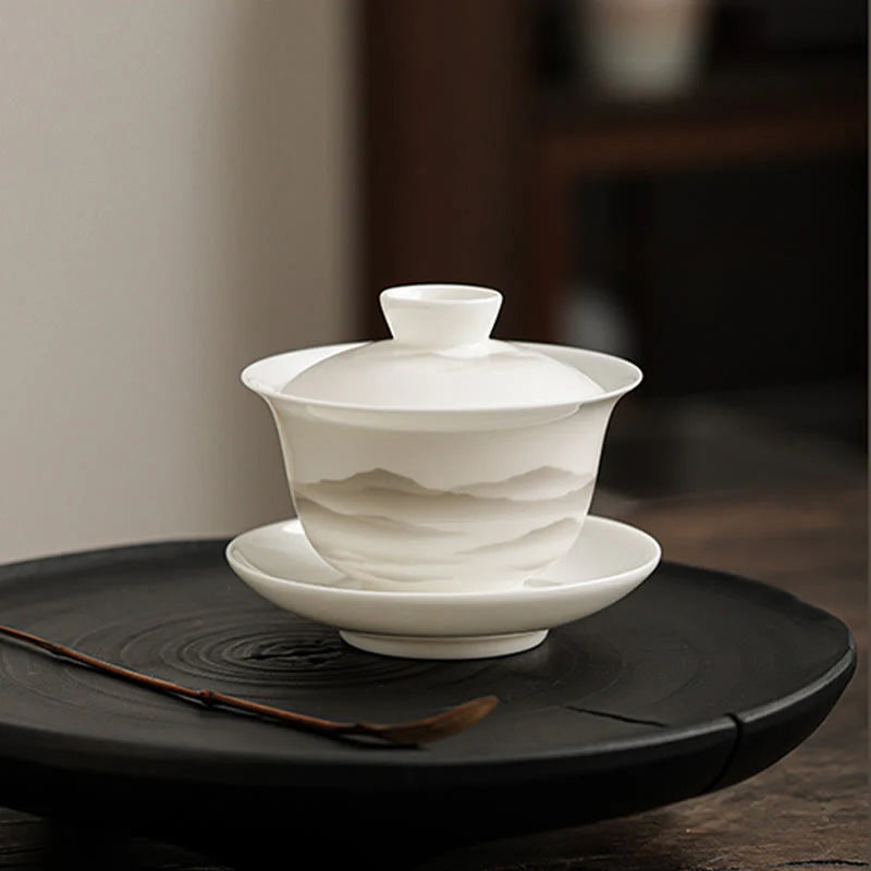 Buddha Stones Vintage Ink Painting Mountain White Porcelain Ceramic Gaiwan Sancai Teacup Kung Fu Tea Cup And Saucer With Lid Tea Utensil Teapot